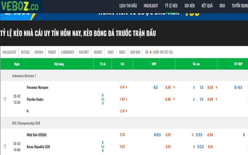 Cập nhật tỷ lệ kèo bóng đá hôm nay tại nền tảng xem bóng đá Ve Bo TV
